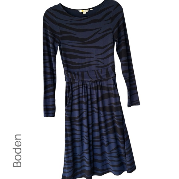 BODEN NWOT ABIGAIL JERSEY DRESS LONG SLEEVES ZEBRA ANIMAL PRINT BLACK BLUE | 2 - Picture 1 of 10